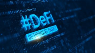 DeFi -Decentralized Finance on dark blue